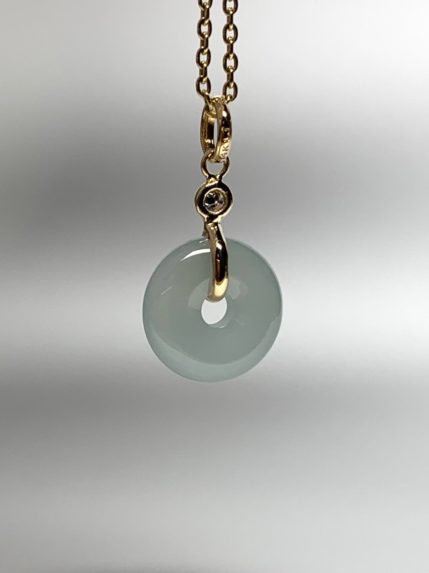 14k Solid Yellow Gold, White Diamond, Pale Green Jade “Donut” Pendant, Tiny Size
