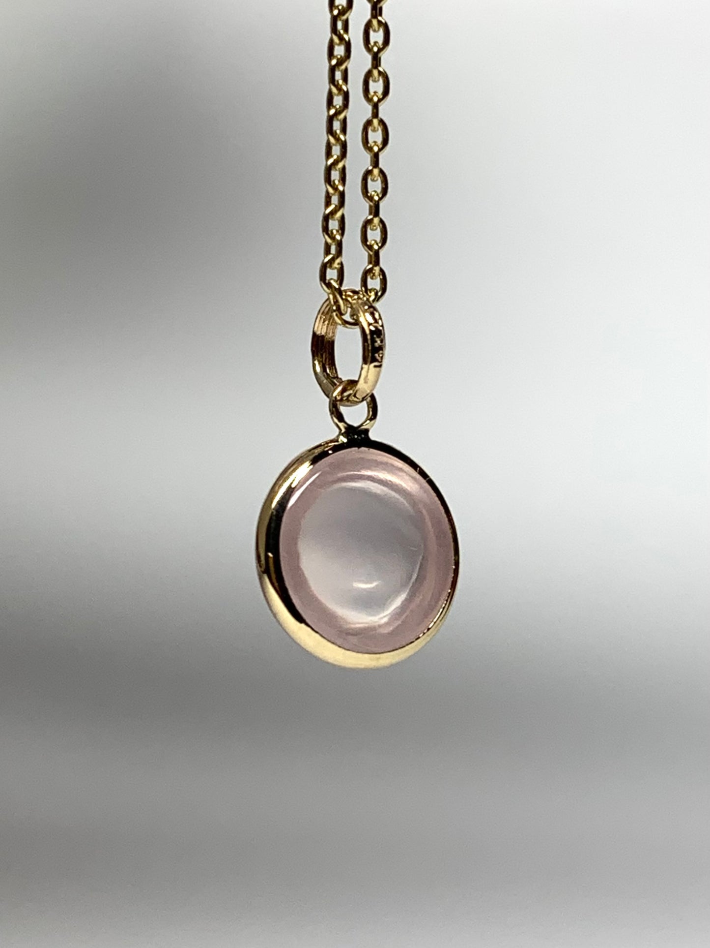 14k Solid Yellow Gold, Pink Quartz Round Cabochon Mini Pendant
