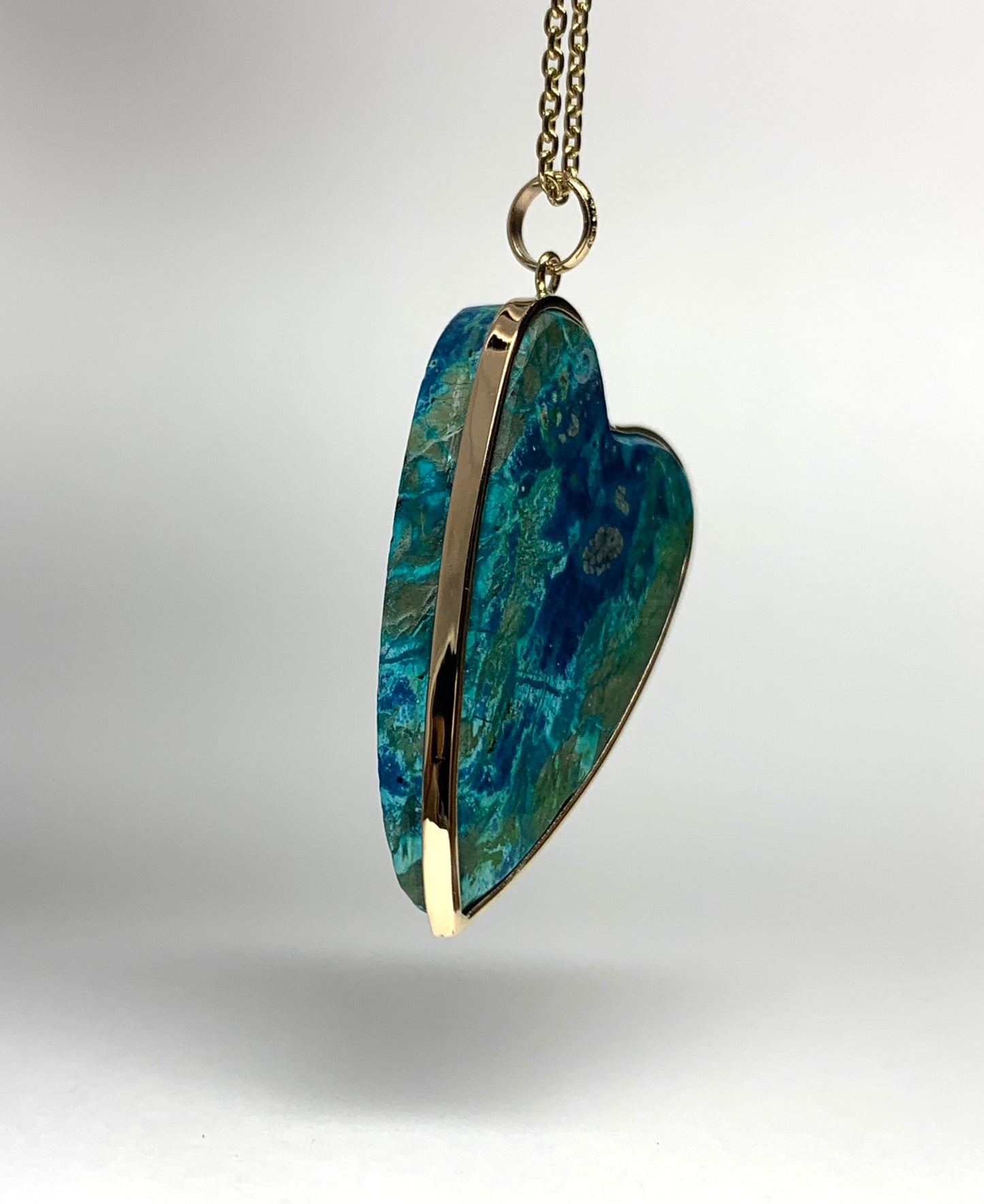 14k Solid Yellow Gold, Blue Chrysocolla “Heart” Pendant