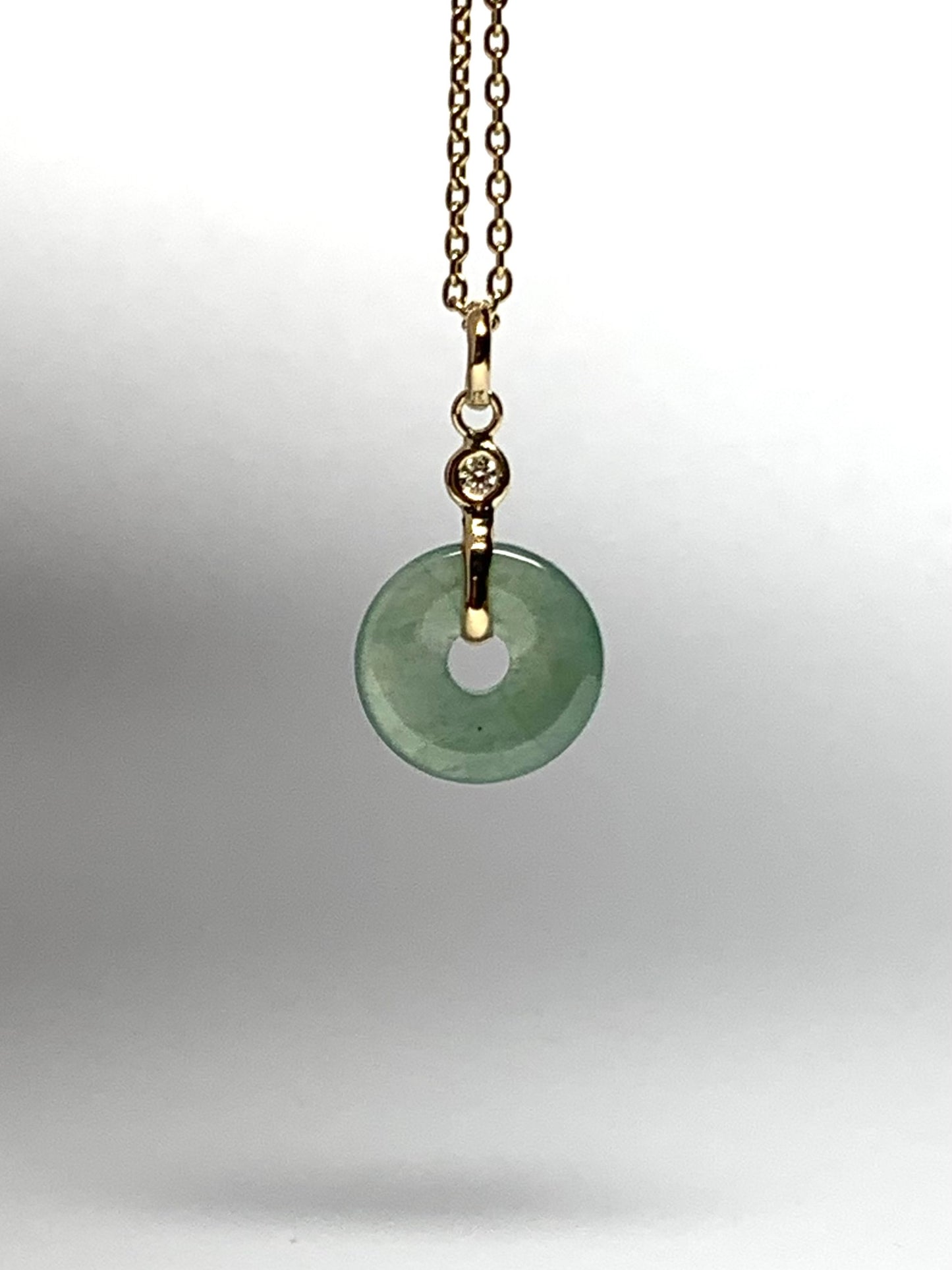 14k Solid Yellow Gold, White Diamond, Pale Green Jade “Donut” Pendant, Tiny Size