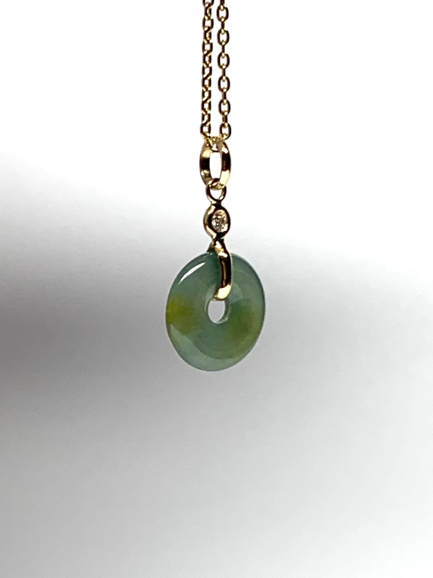 14k Solid Yellow Gold, White Diamond, Pale Green Jade “Donut” Pendant, Tiny Size