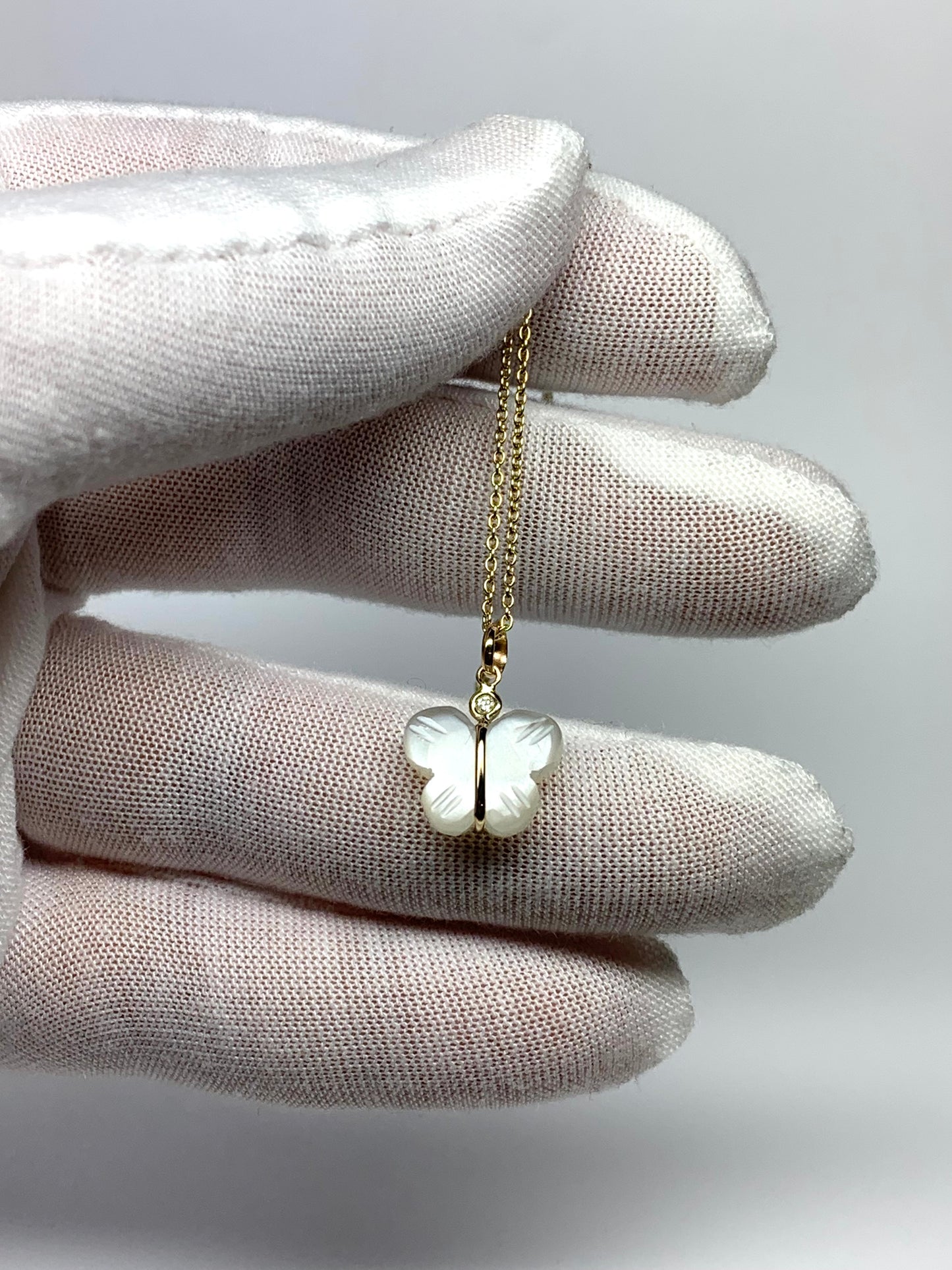 14k Solid Yellow Gold, Diamond, White Moonstone “Butterfly” Mini Pendant, Hand Carved