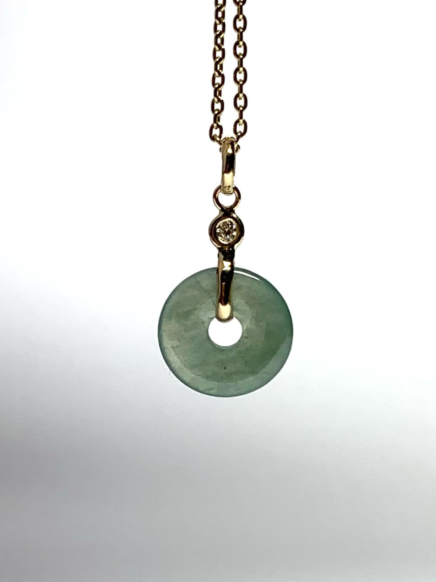 14k Solid Yellow Gold, White Diamond, Pale Green Jade “Donut” Pendant, Tiny Size