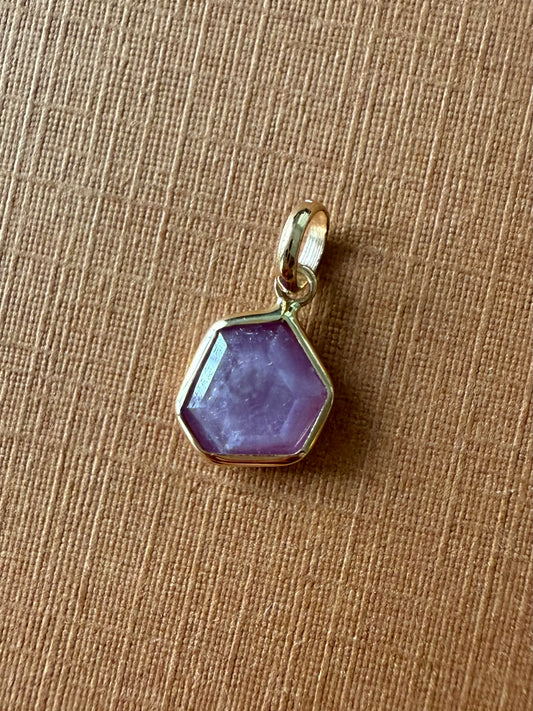 14k Solid Yellow Gold, Natural Pink Opaque Sapphire Hexagon Pendant, Tiny Size