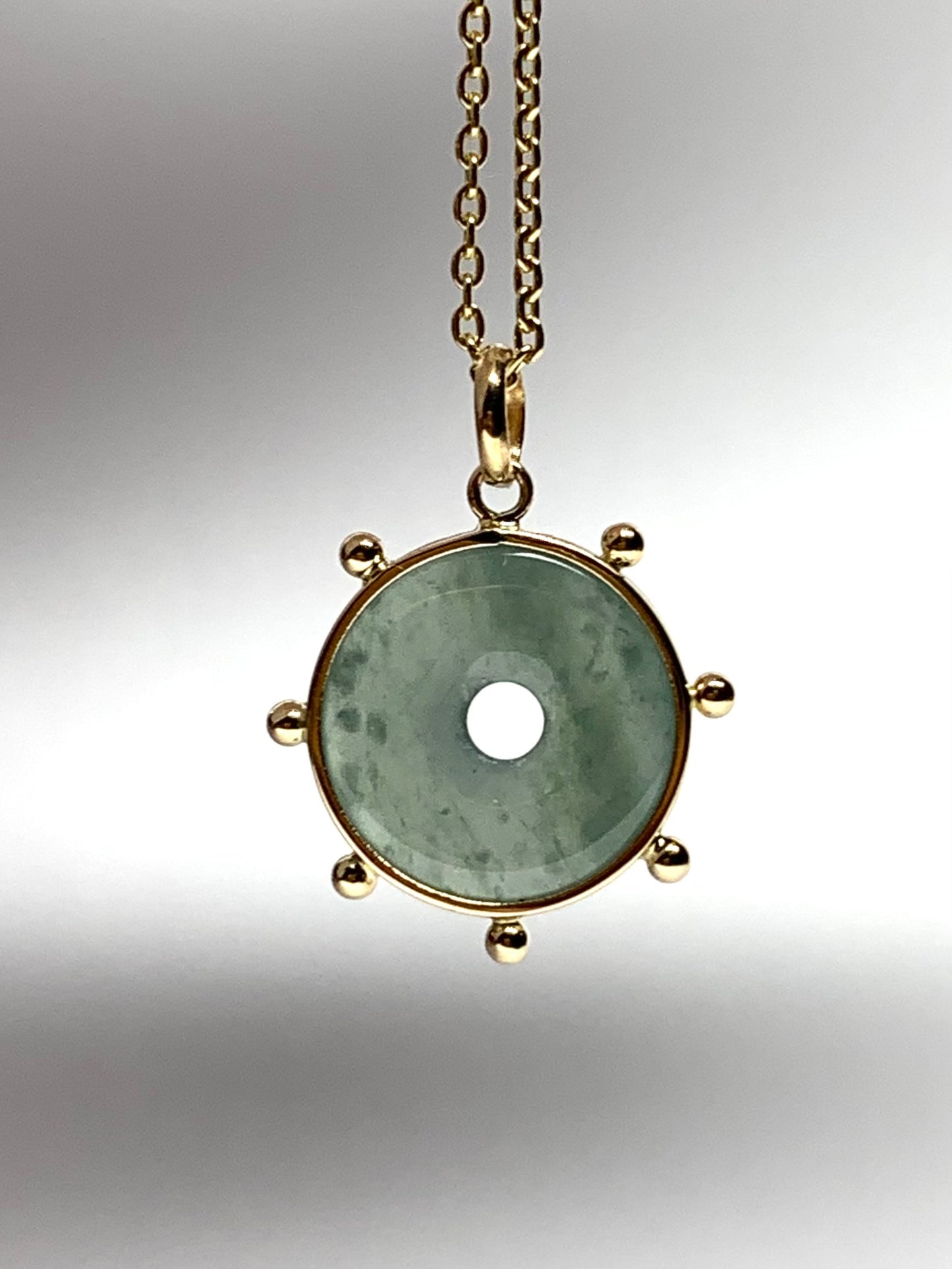 14k Solid Yellow Gold, Natural Green Jade Donut “Sun” Pendant, Mini Size