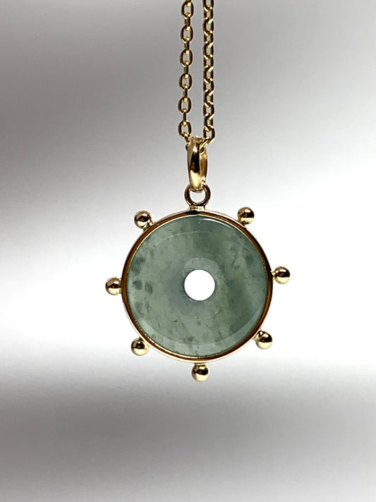 14k Solid Yellow Gold, Natural Green Jade Donut “Sun” Pendant, Mini Size