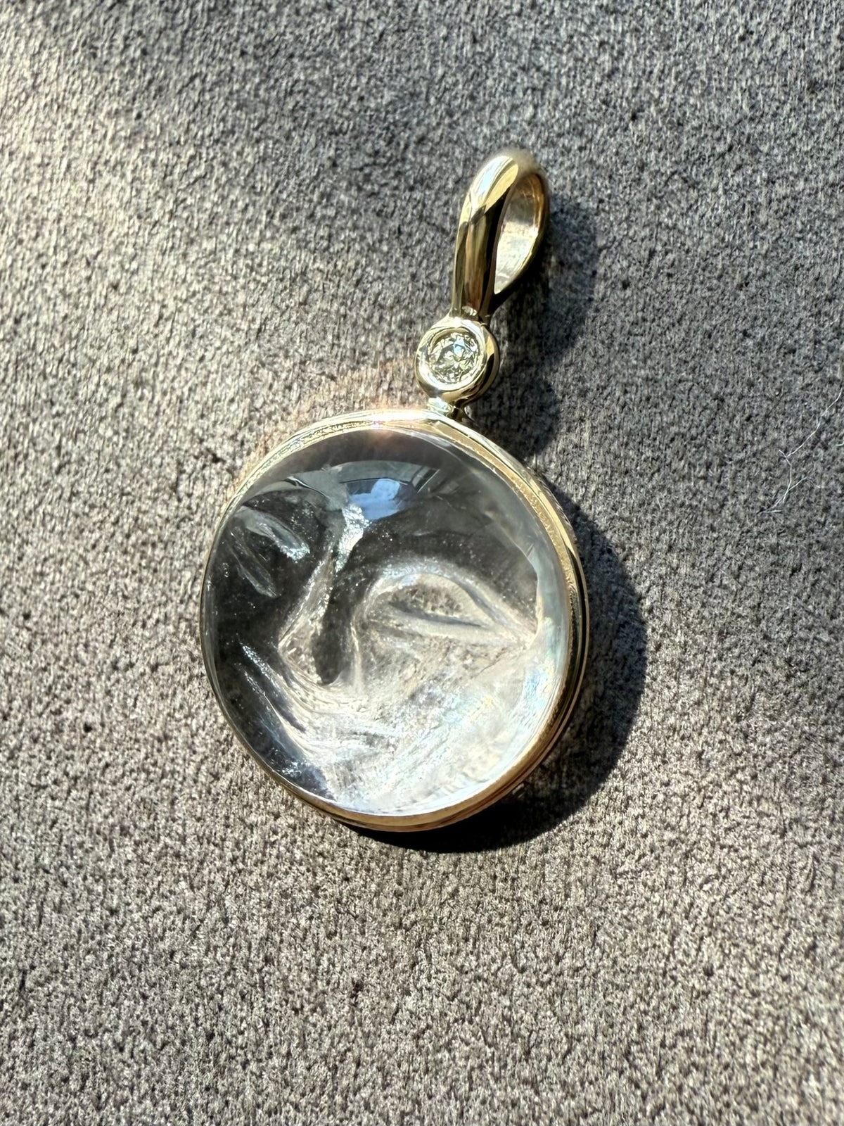 14k Solid Yellow Gold, Clear Quartz, White Diamond “Moon and Star” Pendant, Carved Face, Small Size