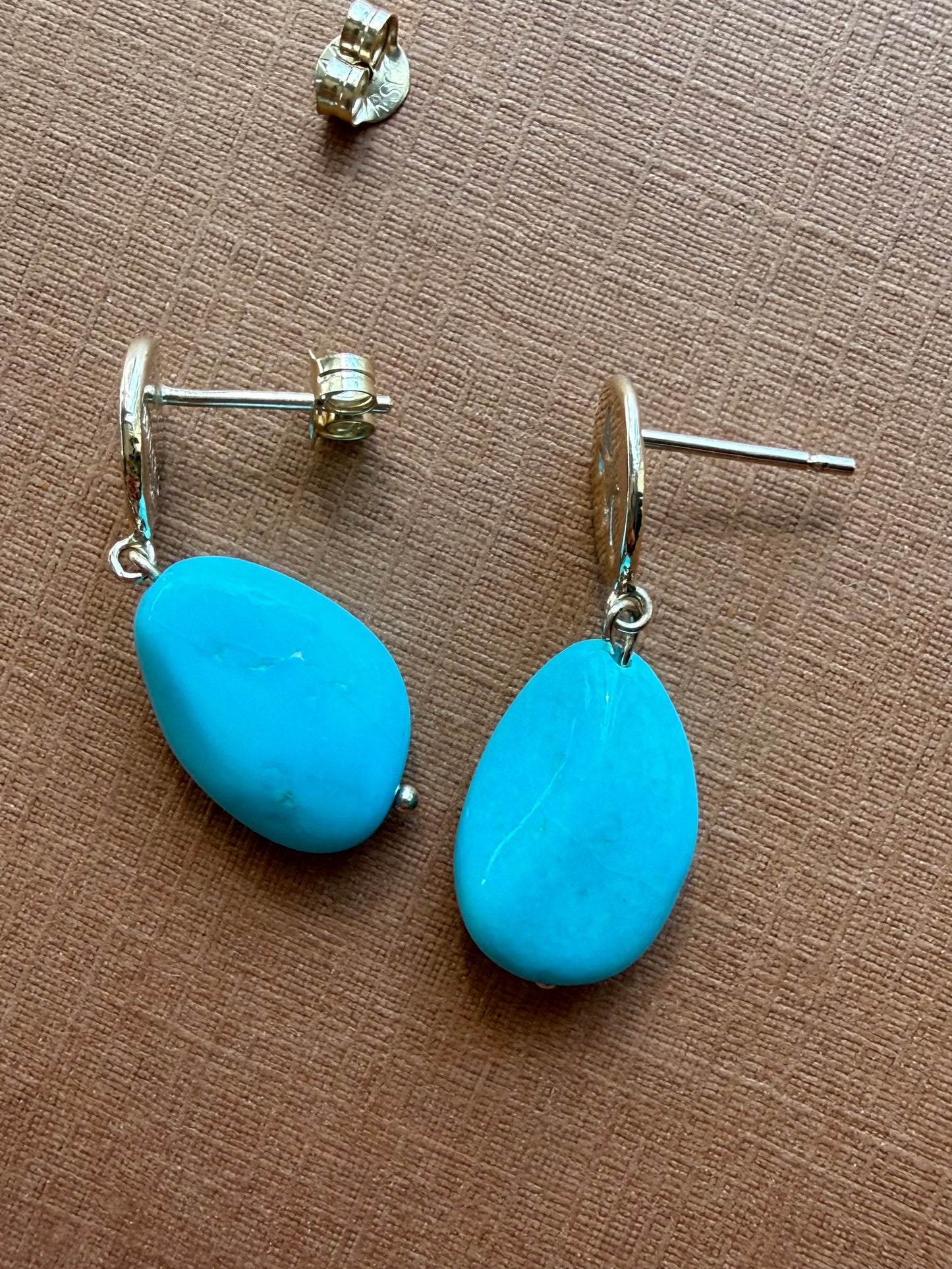 14k Solid Yellow Gold Nuggets, Natural Sleeping Beauty Turquoise Drop Earrings