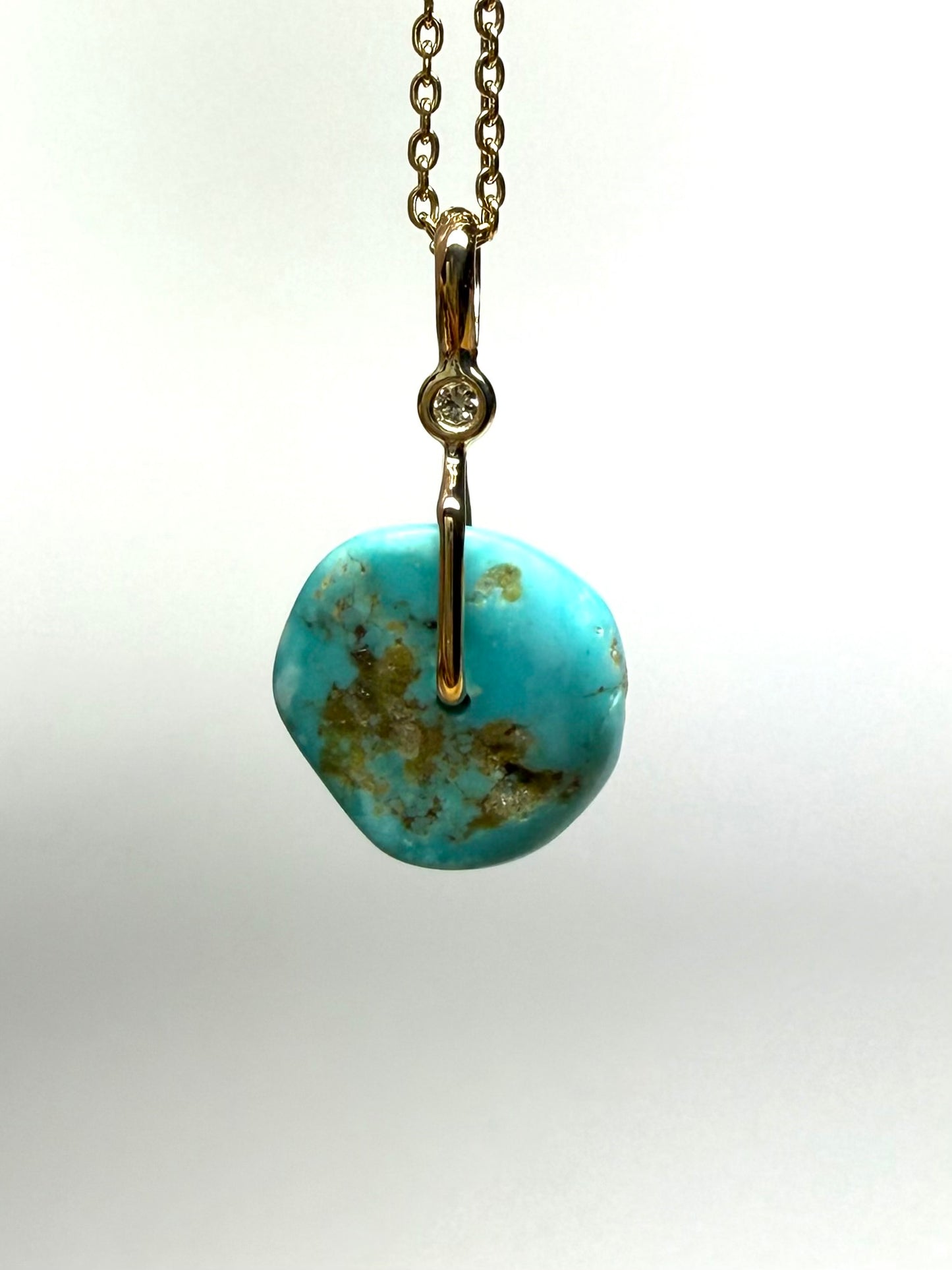 14K Solid Yellow Gold, White Diamond, Blue Turquoise “Donut” Mini Pendant
