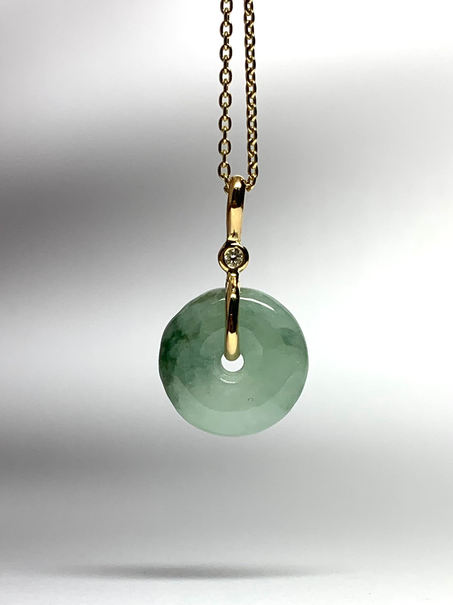 14k Solid Yellow Gold, White Diamond, Pale Green Jade “Donut” Pendant, Mini Size