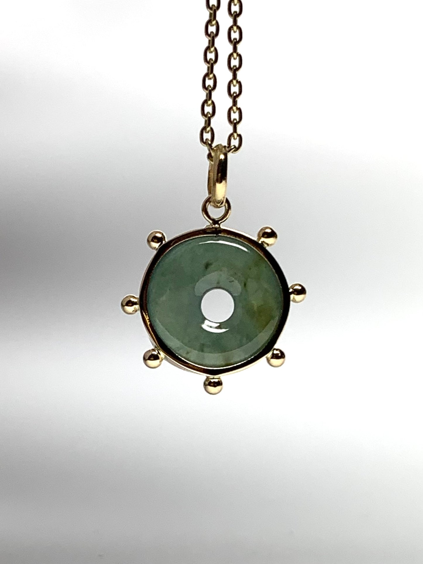 14k Solid Yellow Gold, Natural Green Jade Donut “Sun” Pendant, Mini Size