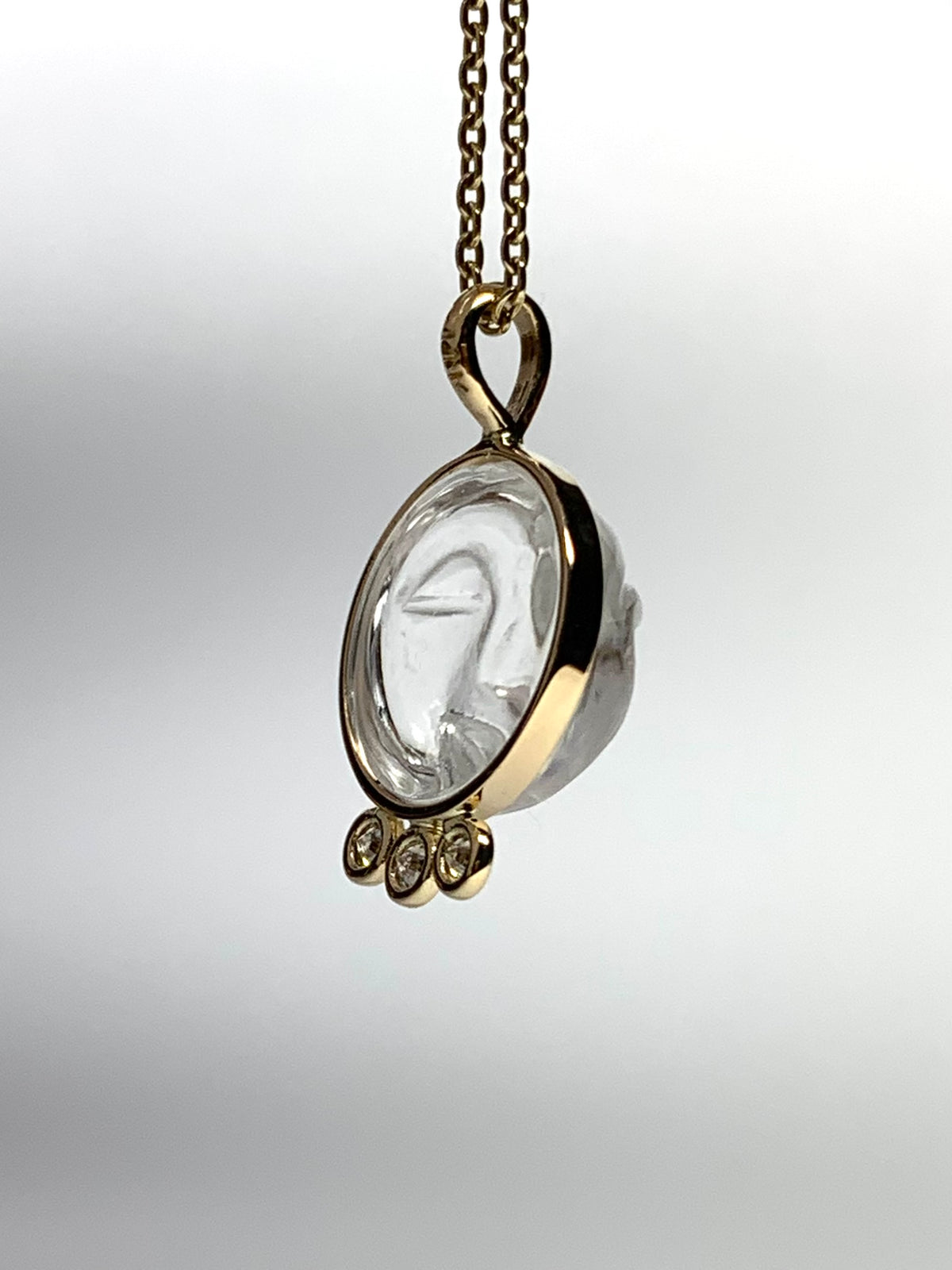 14k Solid Yellow Gold, Clear Quartz, White Diamonds “Moon and Stars” Pendant, Carved Face, Small Size