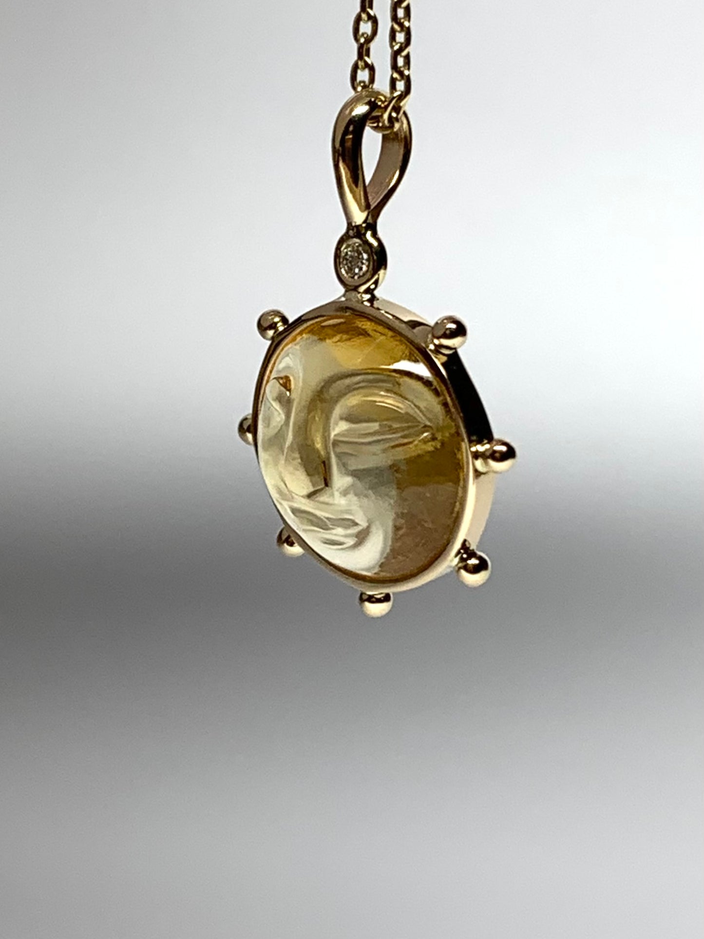 14k Solid Yellow Gold, White Diamond, Yellow Citrine “Sun” Pendant, Small Size