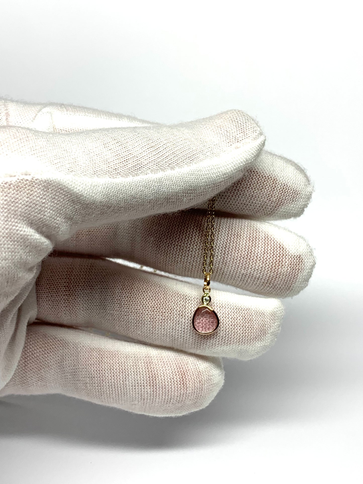 14k Solid Yellow Gold, Natural White Diamond, Natural Pink Tourmaline Tiny Pendant