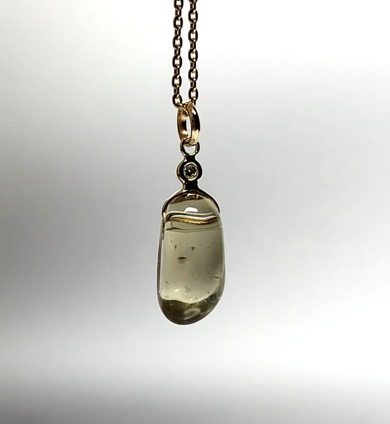 14k Solid Yellow Gold, Diamond, Lemon Quartz Tumbled Nugget Bead Pendant, Mini Size
