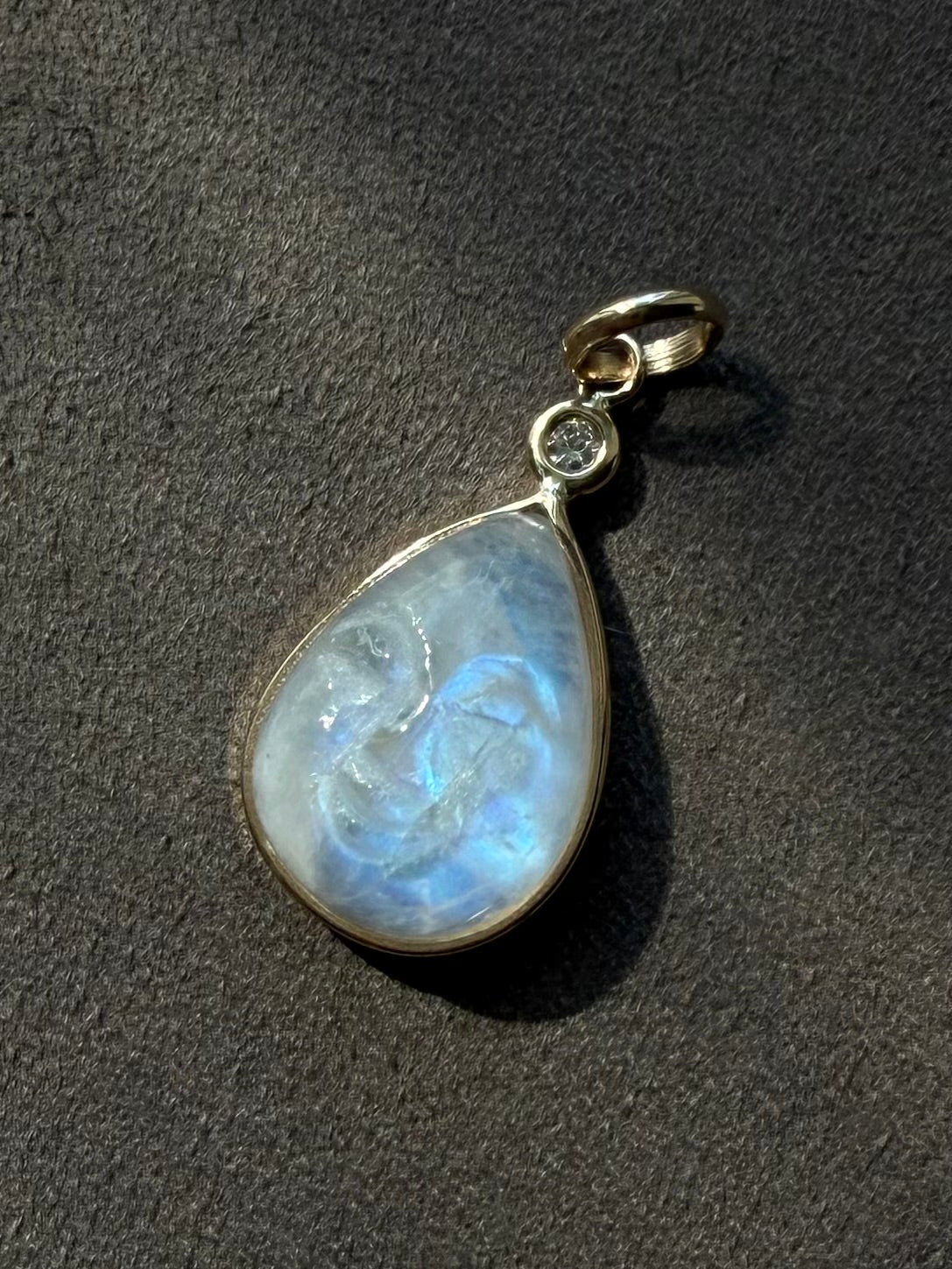 14k Solid Yellow Gold, White Diamond, Rainbow Moonstone “Rainbow Moon” Pendant, Mini Size