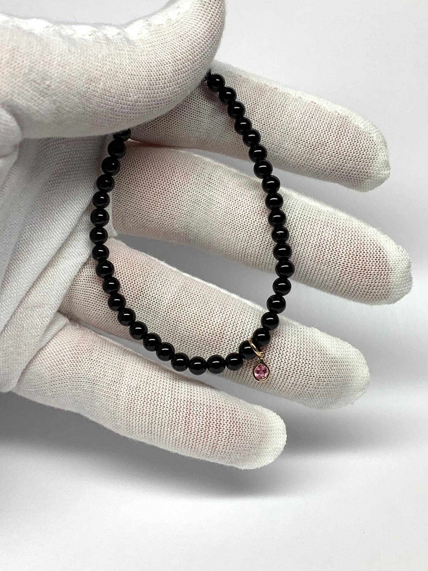 14k Solid Yellow Gold, Pink Sapphire, Black Onyx Stretch Bracelet