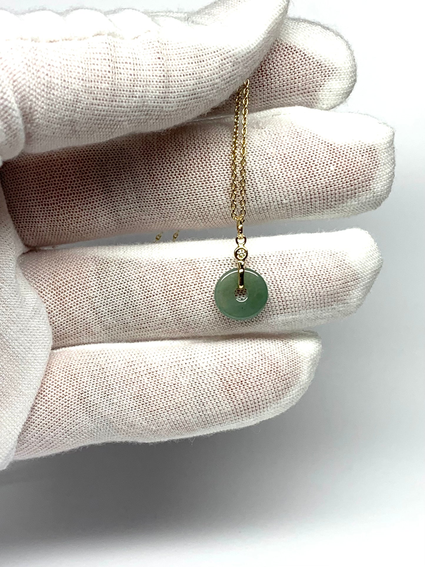 14k Solid Yellow Gold, White Diamond, Pale Green Jade “Donut” Pendant, Tiny Size