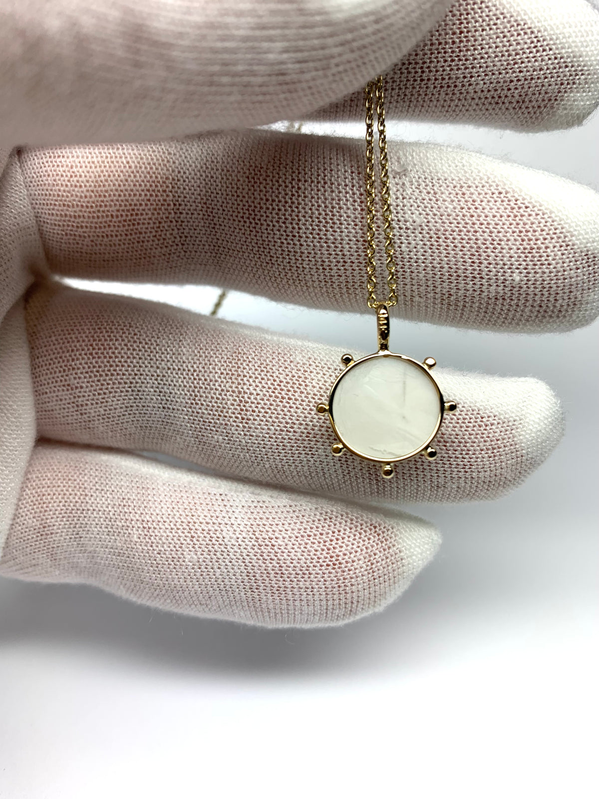 14k Solid Yellow Gold, White Moonstone “Sun” Pendant, Small Size
