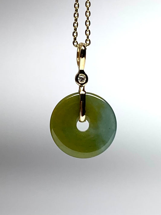 14k Solid Yellow Gold, White Diamond, Green Jade “Donut” Pendant, Small Size
