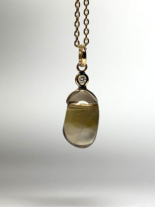 14k Solid Yellow Gold, Diamond, Lemon Quartz Tumbled Nugget Bead Pendant, Mini Size