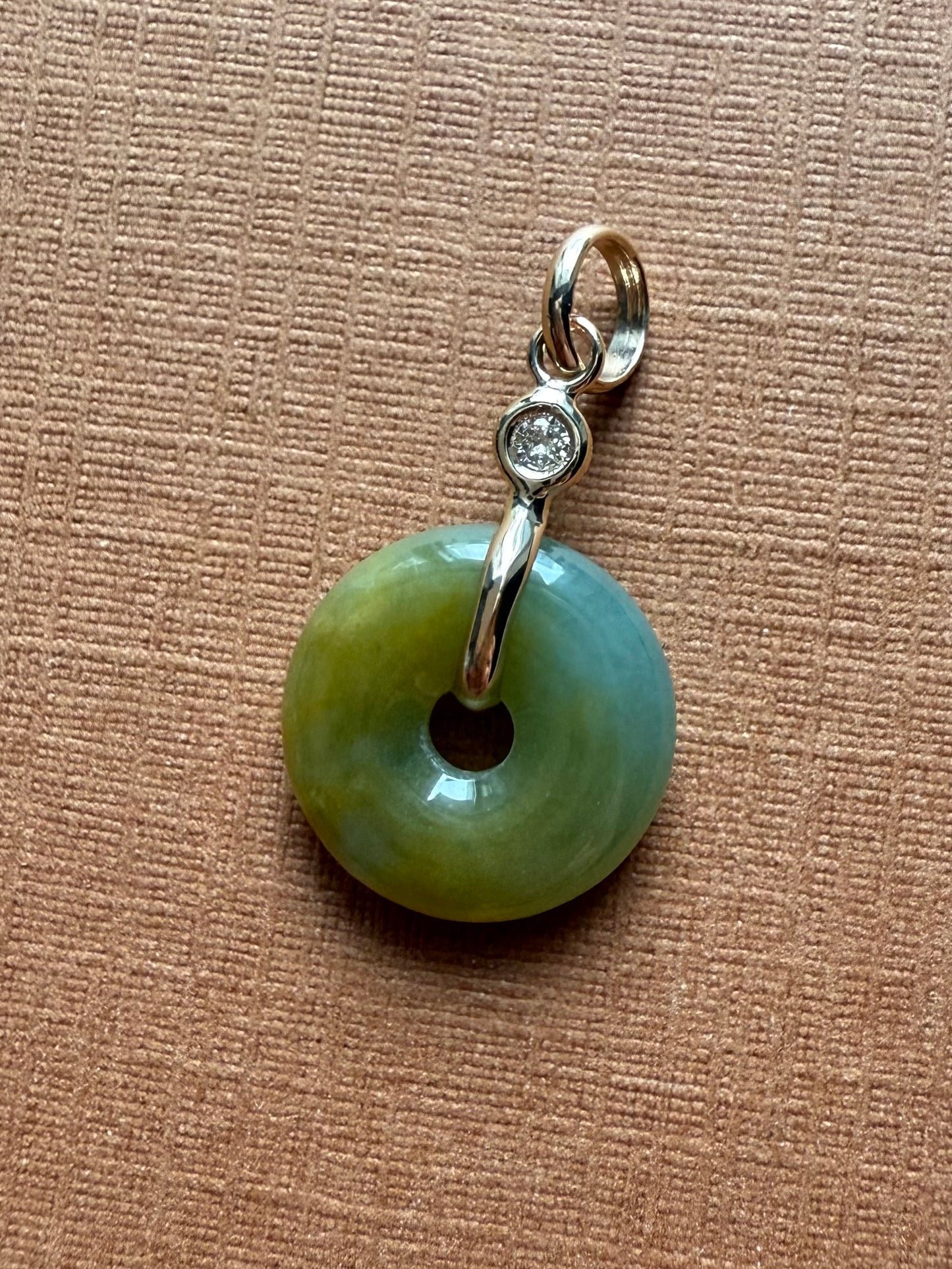 14k Solid Yellow Gold, White Diamond, Pale Green Jade “Donut” Pendant, Tiny Size