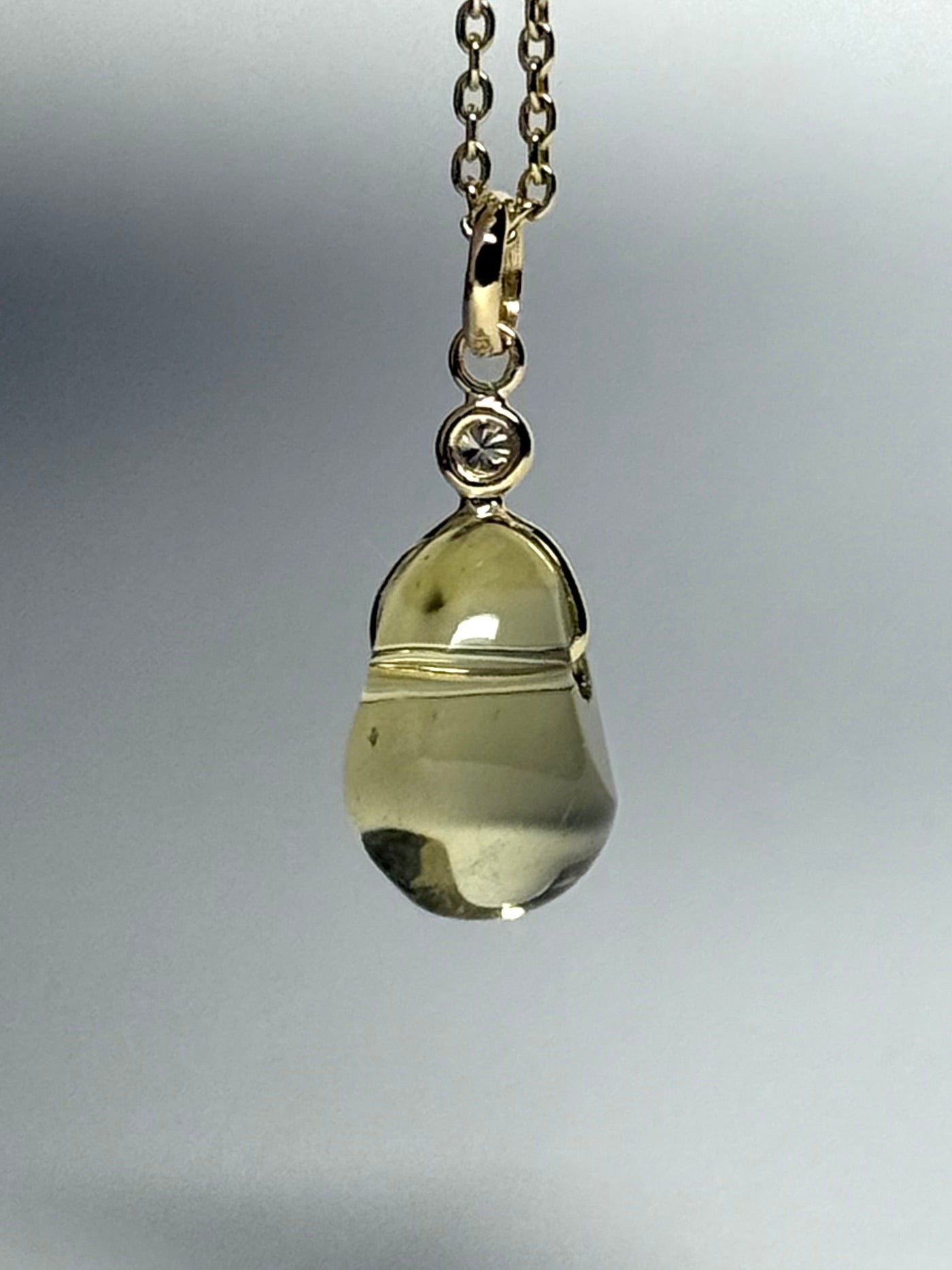 14k Solid Yellow Gold, Diamond, Lemon Quartz Tumbled Nugget Bead Pendant, Mini Size