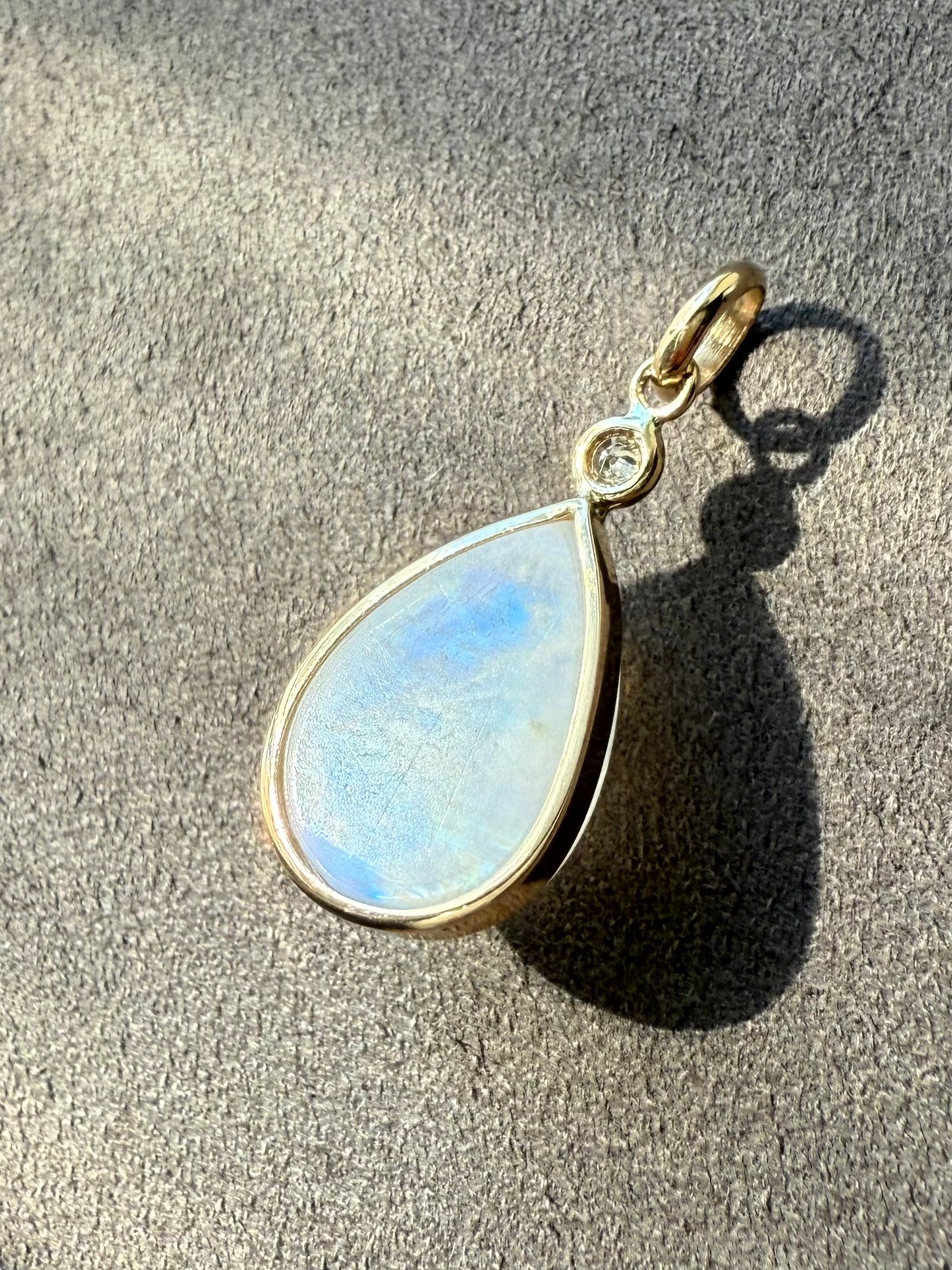 14k Solid Yellow Gold, White Diamond, Rainbow Moonstone “Rainbow Moon” Pendant, Mini Size