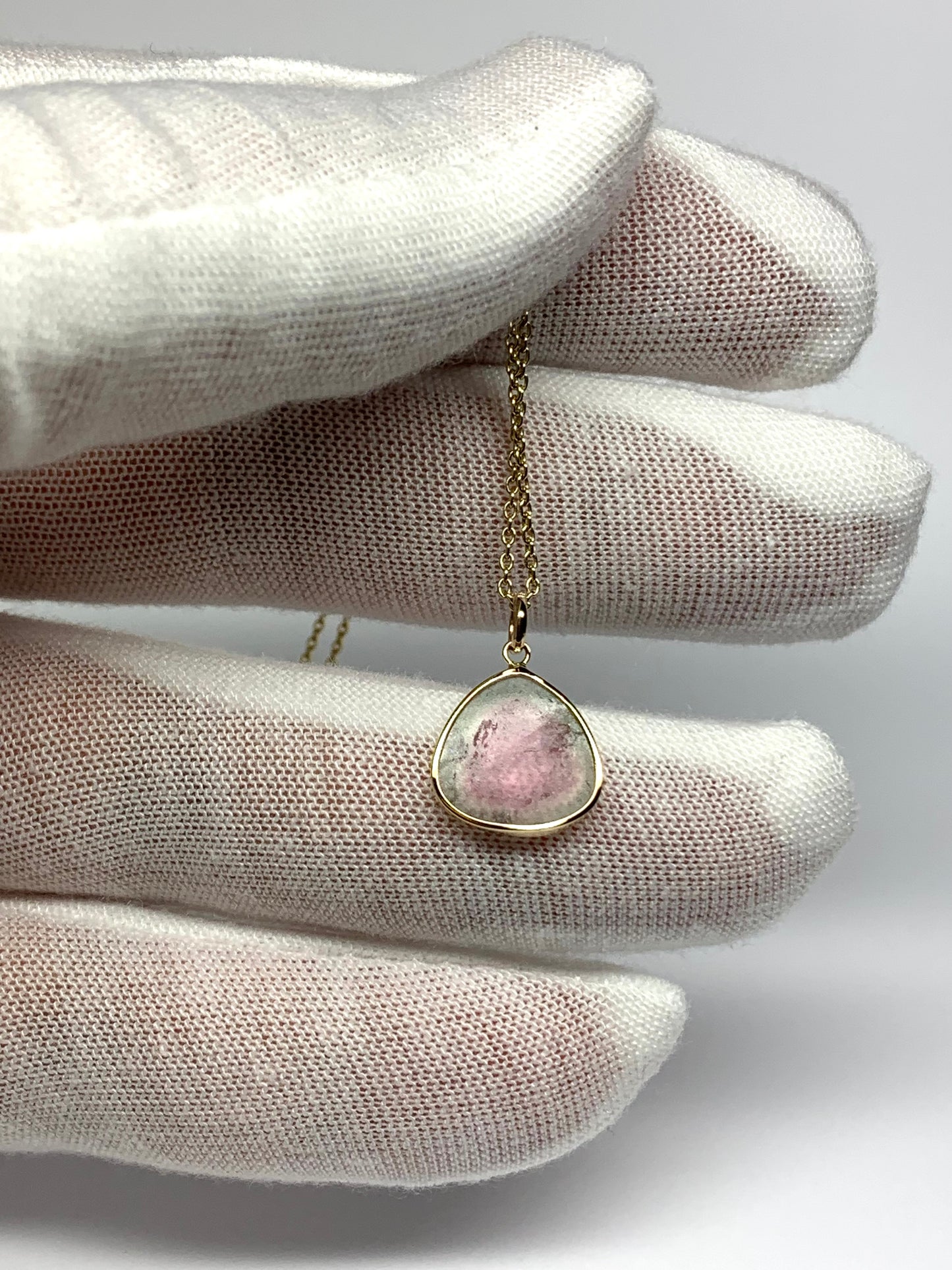 14k Solid Yellow Gold, Natural Pink Green Tourmaline Pendant