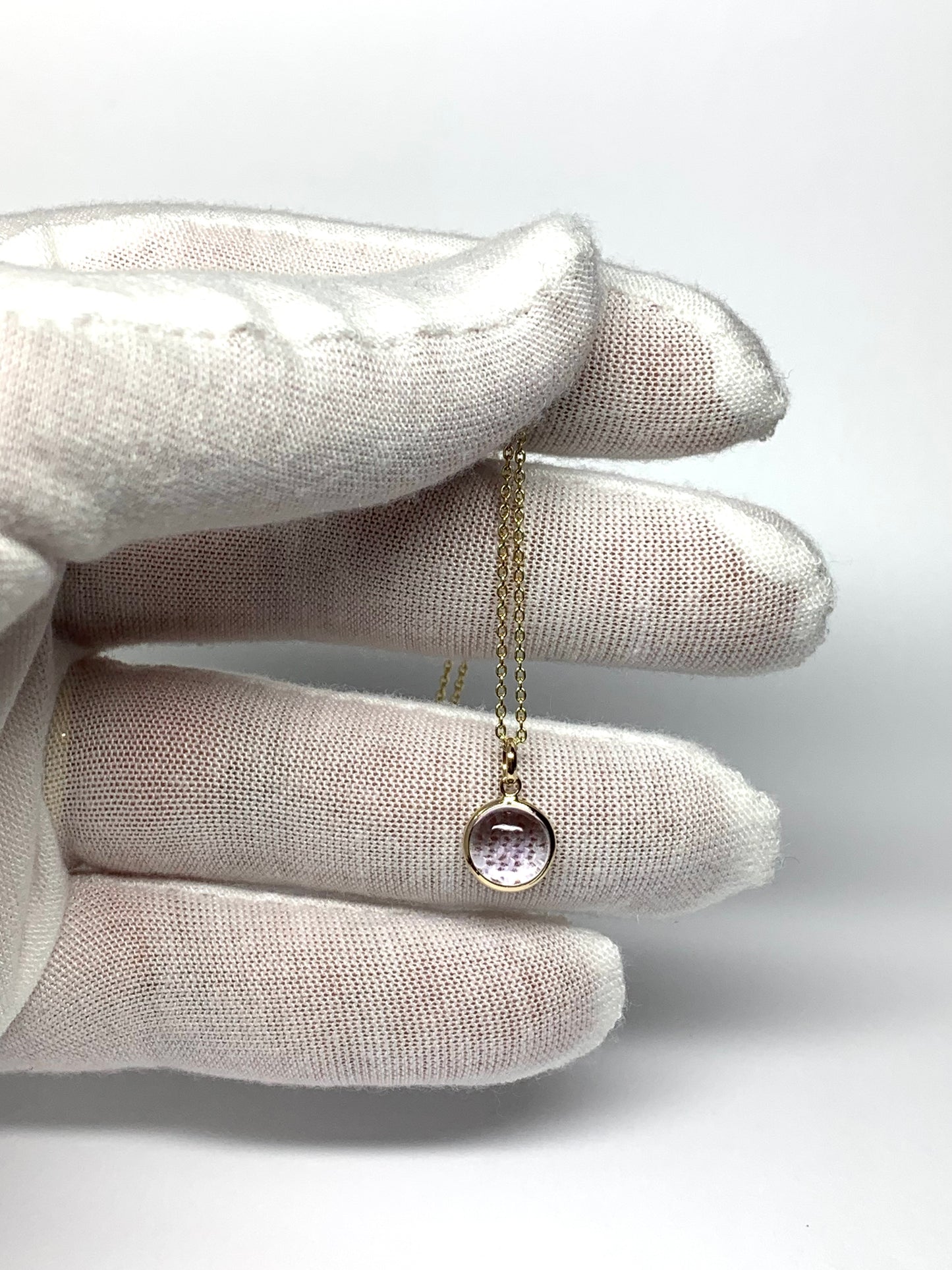 14k Solid Yellow Gold, Pink Amethyst Round Cabochon Mini Pendant