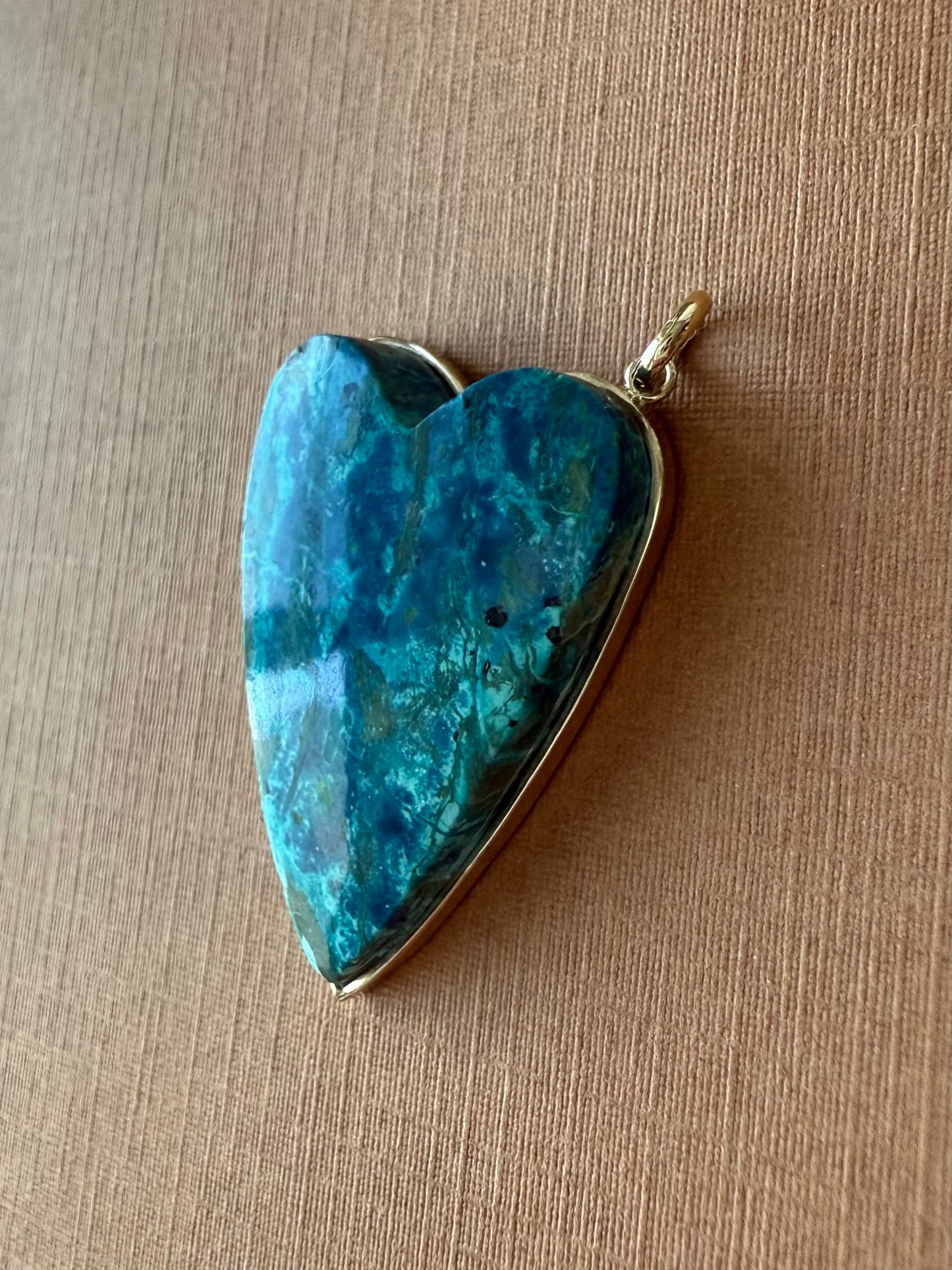 14k Solid Yellow Gold, Blue Chrysocolla “Heart” Pendant