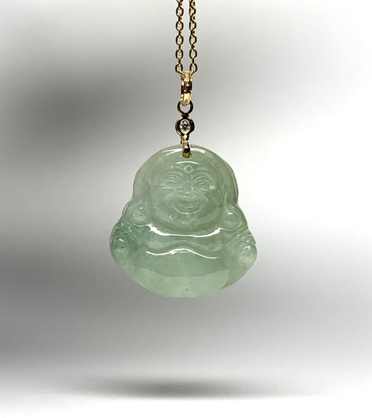 14K Solid Yellow Gold, Diamond, Pale Green Jade “Buddha” Pendant