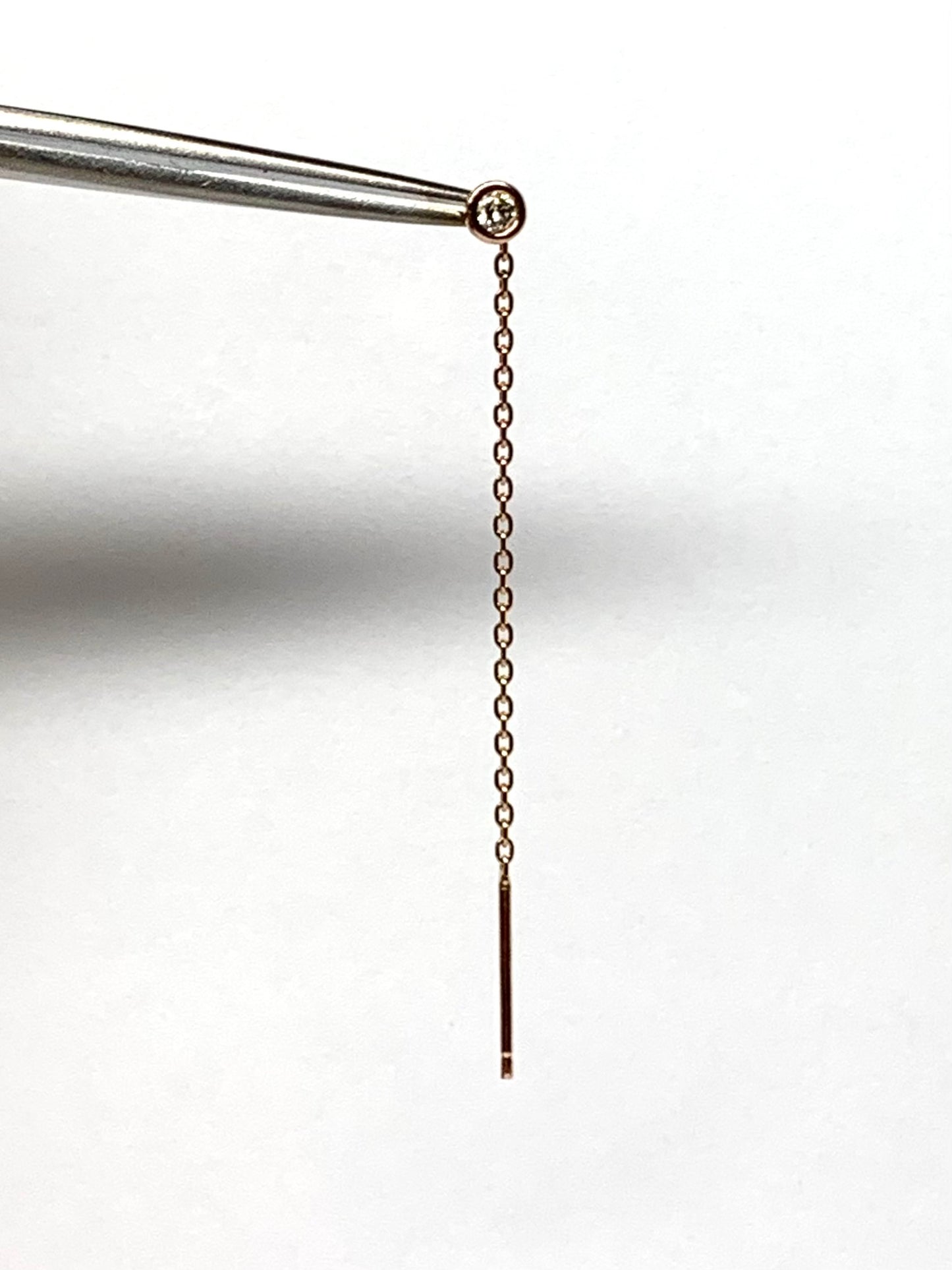 14K Solid Rose Gold, White Diamond Thread Earrings
