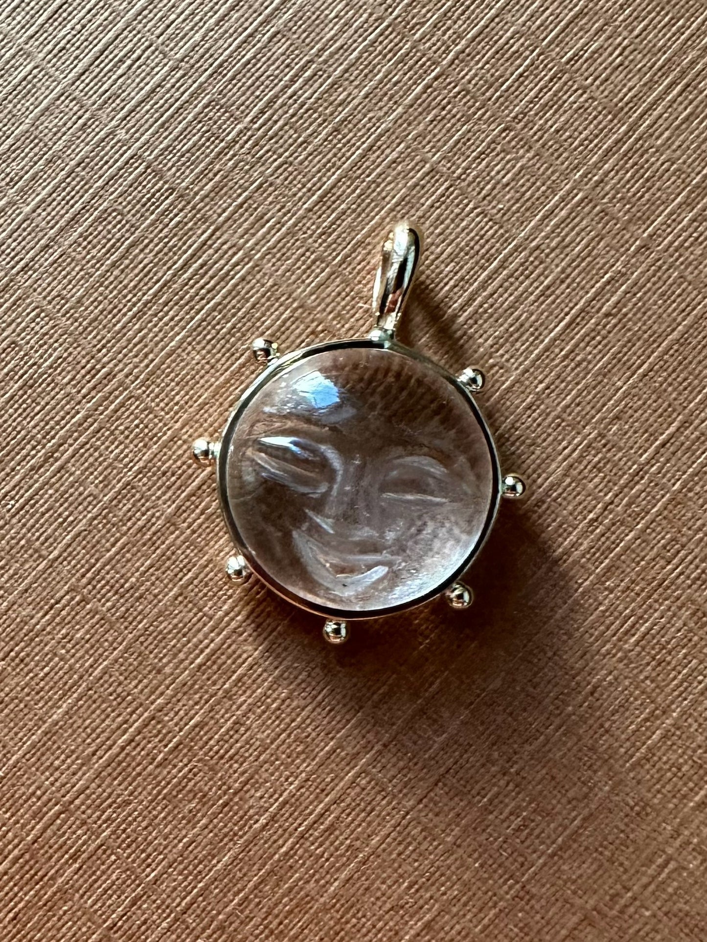 14K Solid Yellow Gold, Natural Clear Quartz “Sun” Pendant, Small Size
