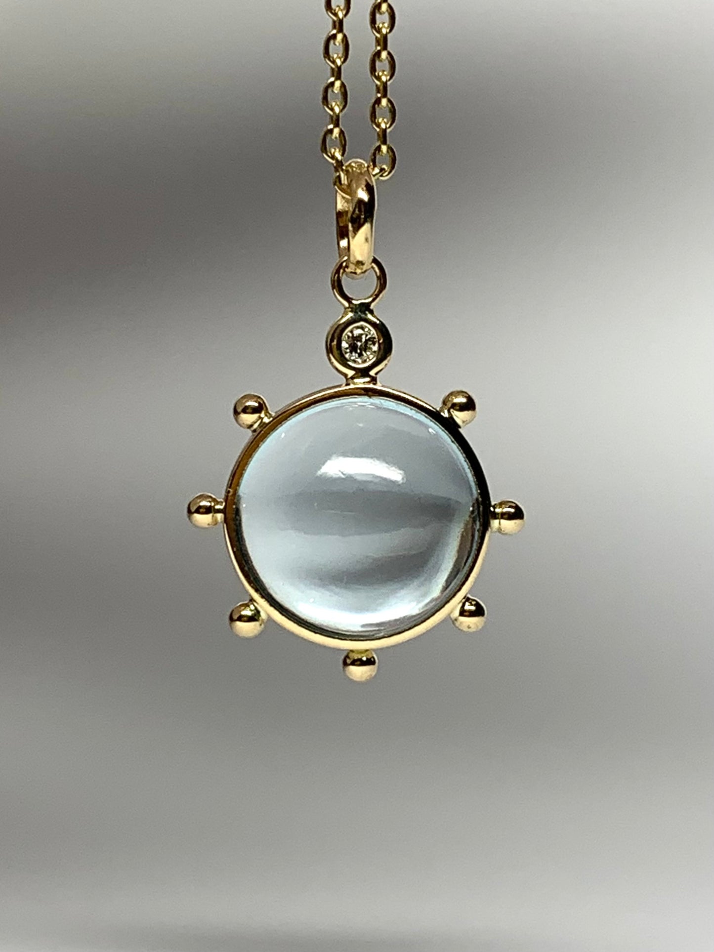 14k Solid Yellow Gold, Blue Topaz, Diamond “Sun” Pendant, Mini Size