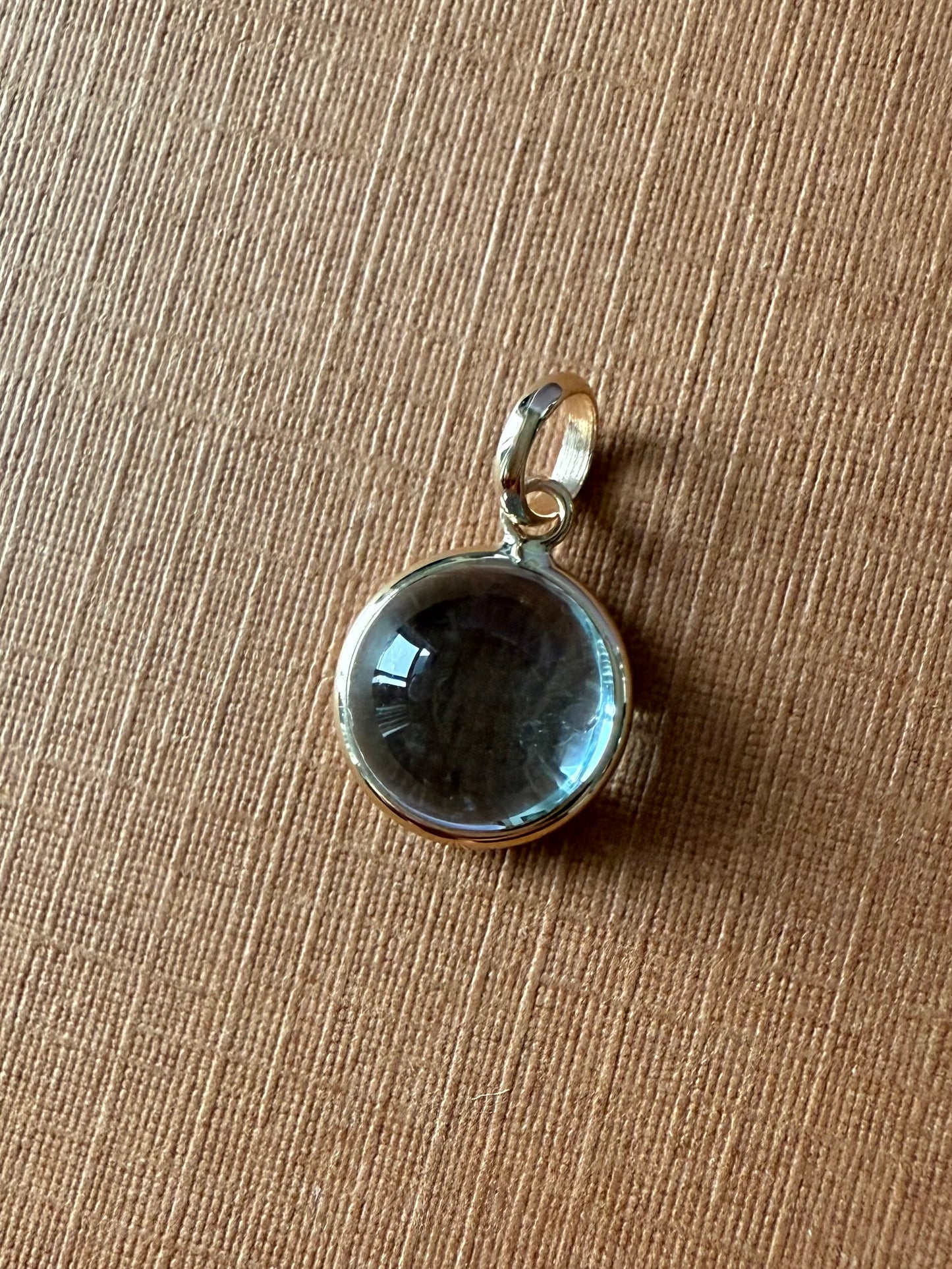 14k Solid Yellow Gold, Blue Topaz Round Cabochon Mini Pendant