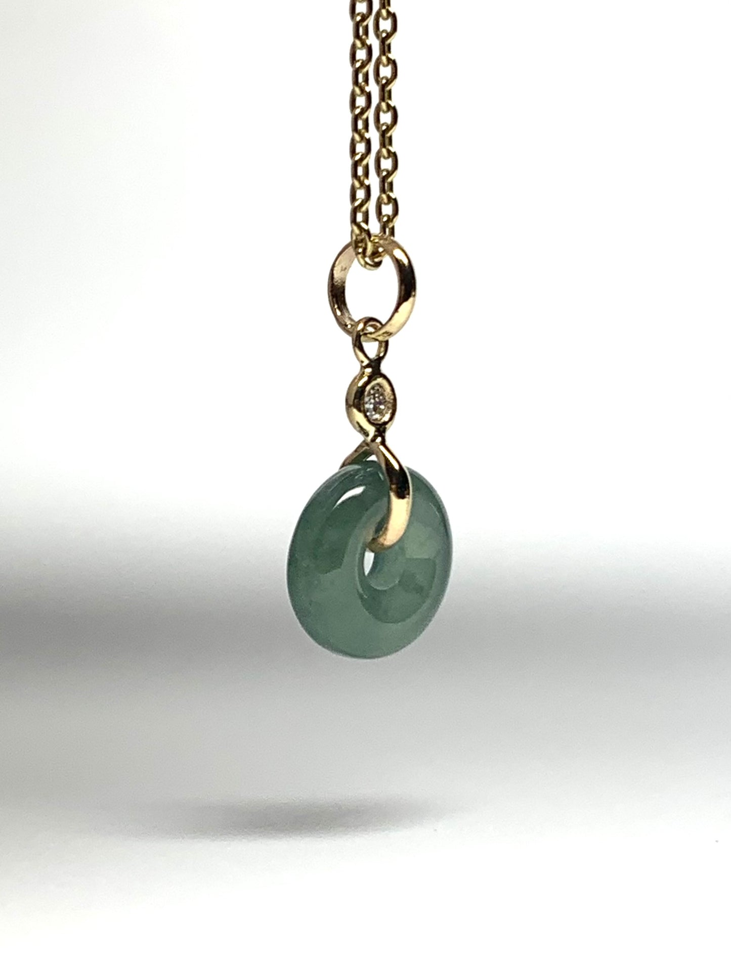 14k Solid Yellow Gold, White Diamond, Pale Green Jade “Donut” Pendant, Tiny Size