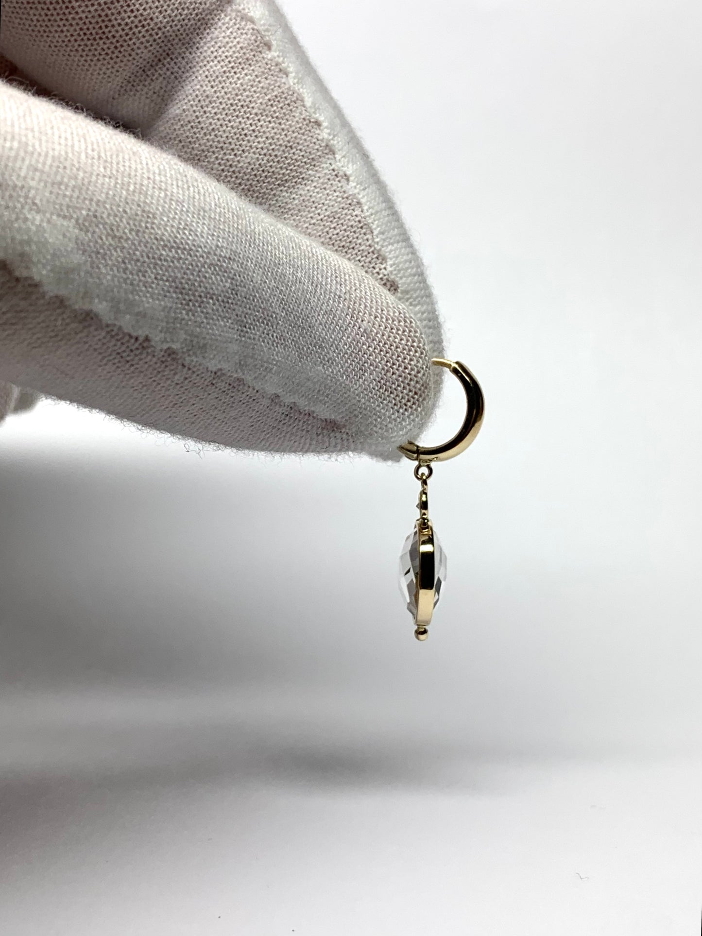 14k Solid Yellow Gold, Natural Diamonds, Clear Quartz Dangling Drop Hoops Earrings