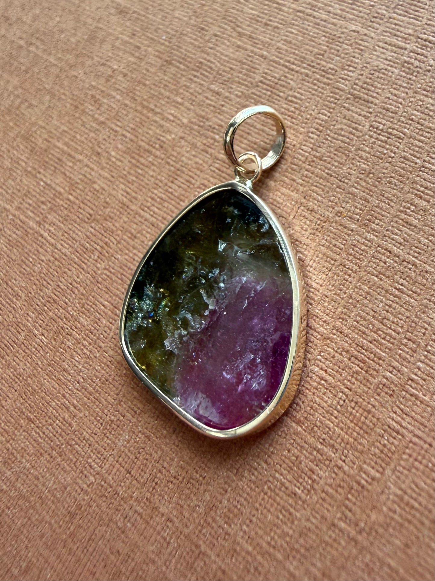 14k Solid Yellow Gold, Natural Pink Green Tourmaline Pendant
