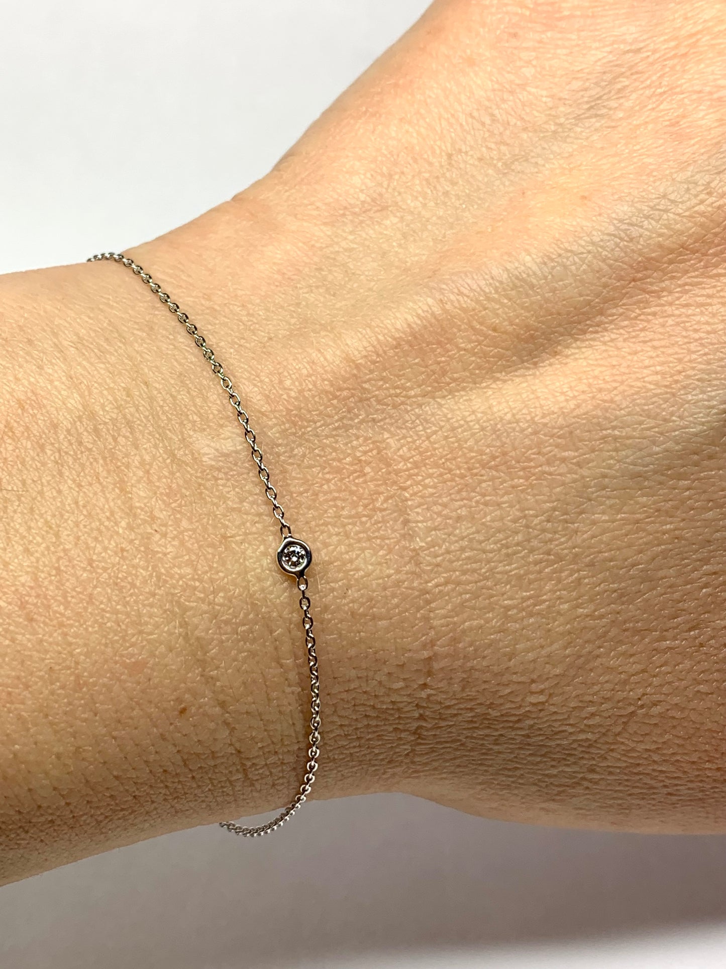 14K Solid White Gold, White Diamond Single Stone Chain Bracelet