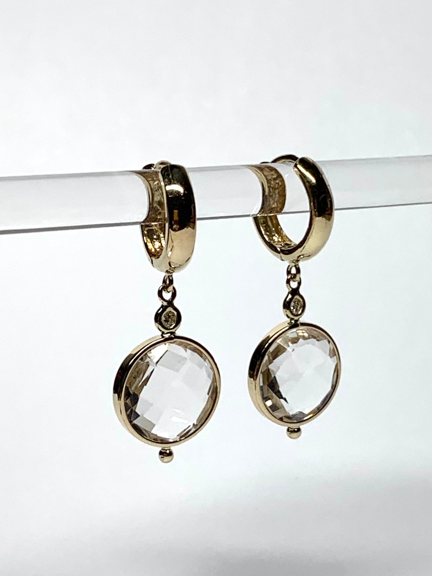 14k Solid Yellow Gold, Natural Diamonds, Clear Quartz Dangling Drop Hoops Earrings