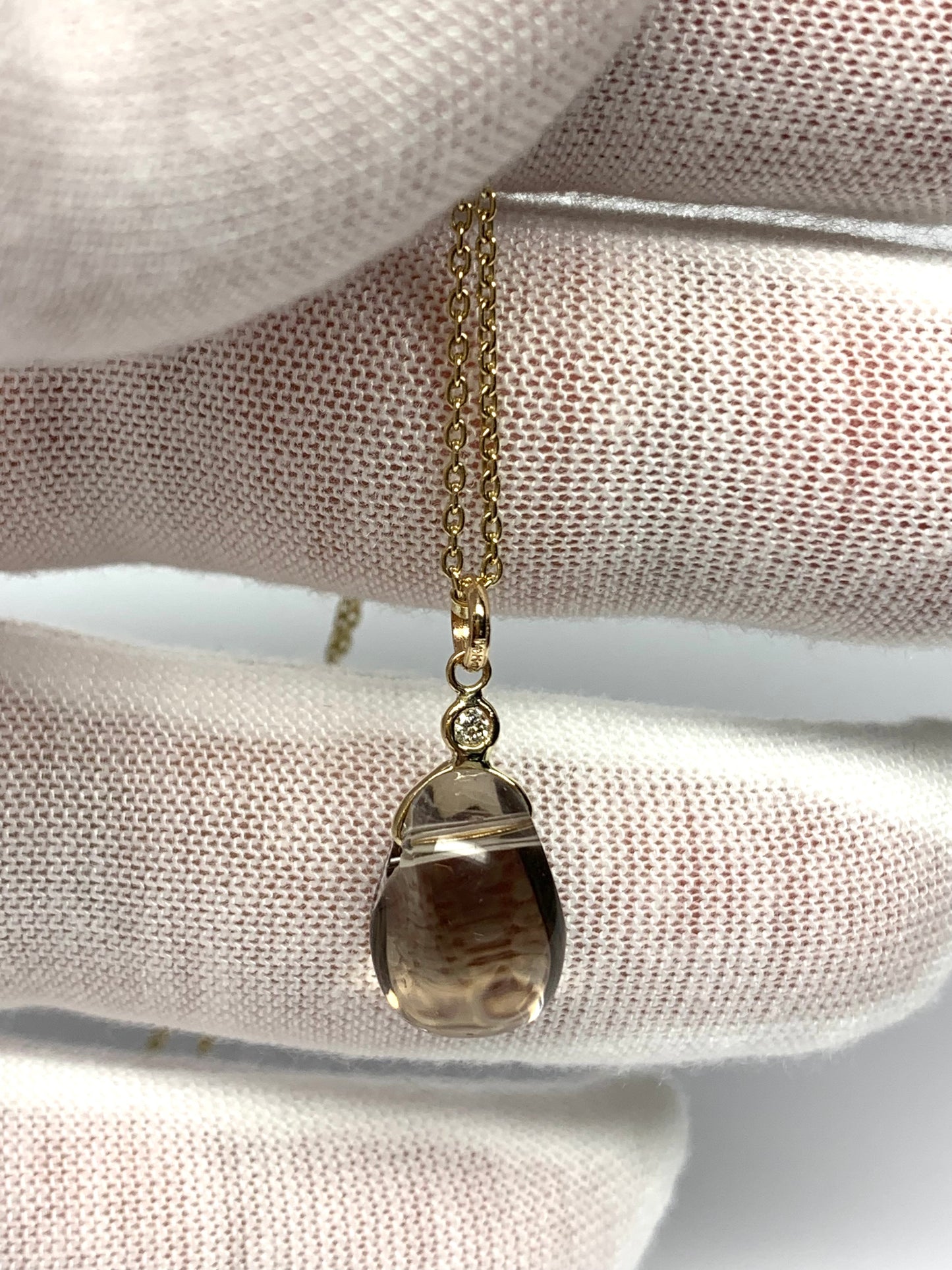 14k Solid Yellow Gold, Diamond, Smoky Quartz Tumbled Nugget Bead Pendant, Mini Size