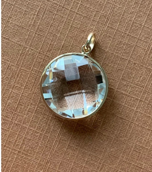 14K Solid Yellow Gold, Round Clear Quartz Drop Pendant