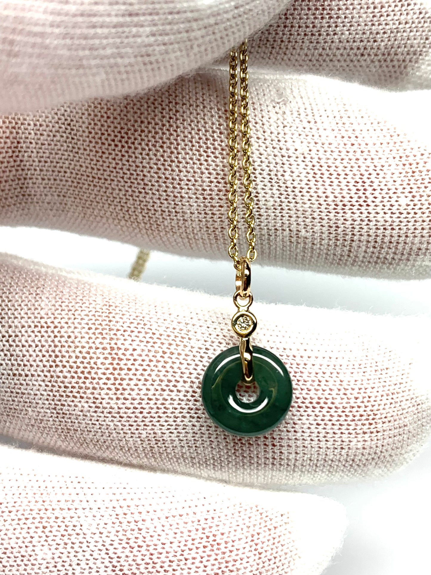 14k Solid Yellow Gold, White Diamond, Pale Green Jade “Donut” Pendant, Tiny Size