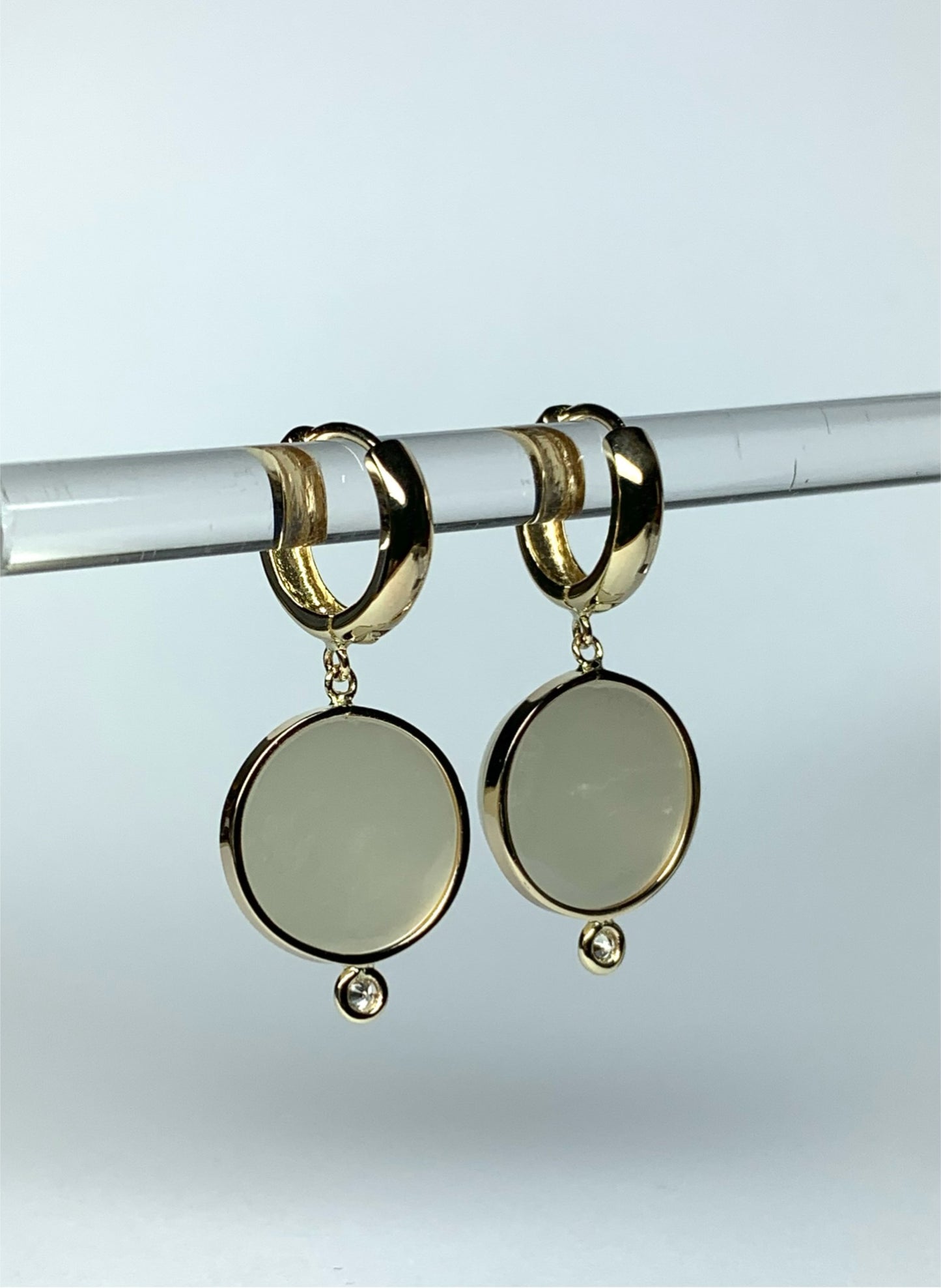 14k Solid Yellow Gold, Diamonds, White Moonstone “Moon and Star” Mini Earrings