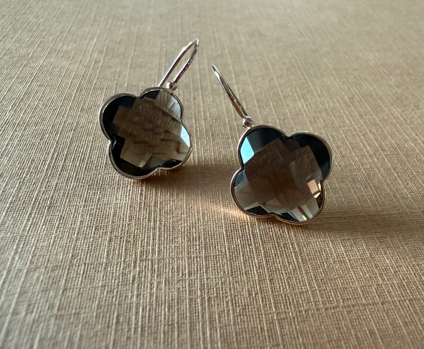 14k Solid Rose Gold Smoky Quartz “Clover” Earrings, Checkerboard Cut, Fish Hook Ear Wires