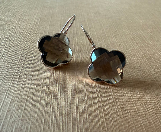 14k Solid Rose Gold Smoky Quartz “Clover” Earrings, Checkerboard Cut, Fish Hook Ear Wires