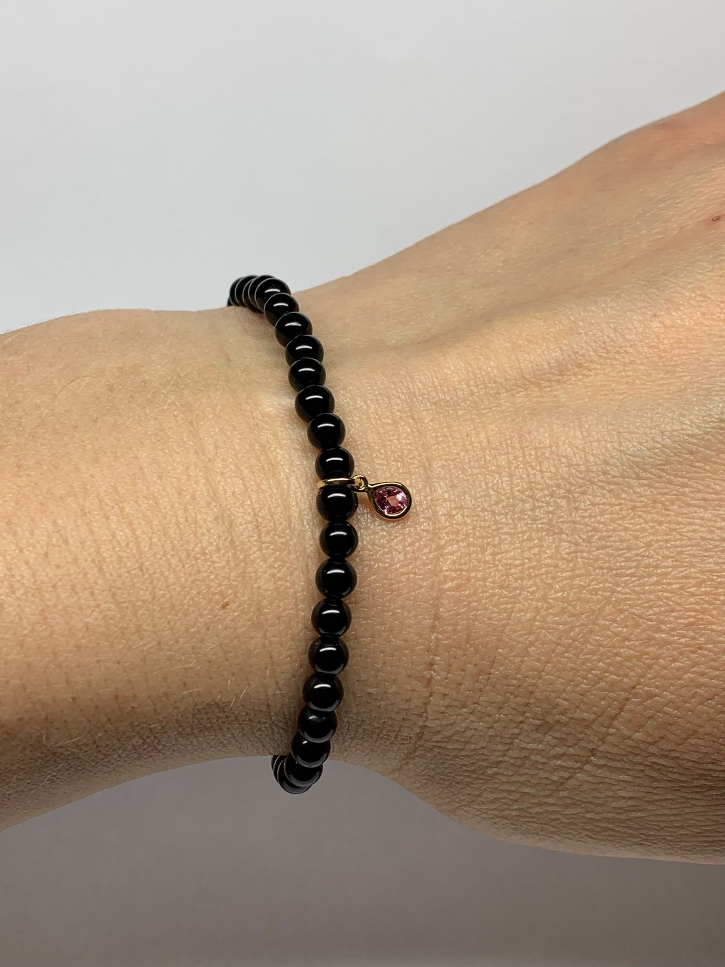14k Solid Yellow Gold, Pink Sapphire, Black Onyx Stretch Bracelet