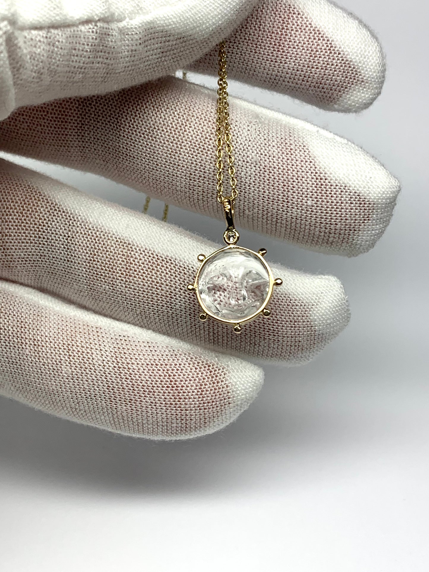 14k Solid Yellow Gold, Clear Quartz, Diamond “Sun” Pendant