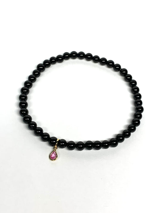 14k Solid Yellow Gold, Pink Sapphire, Black Onyx Stretch Bracelet